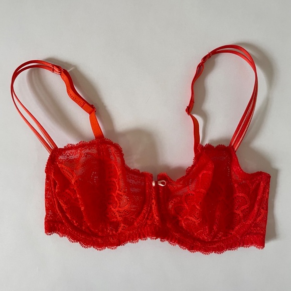 Chantelle Merci Demi Bra 32DD Orange /Red Sheer Lace Floral Underwire Worn 1x - Picture 7 of 10